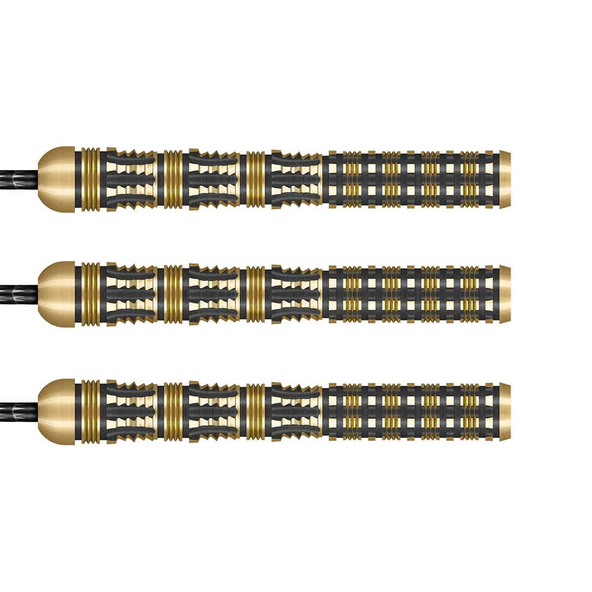 Three gold and black darts on a white background