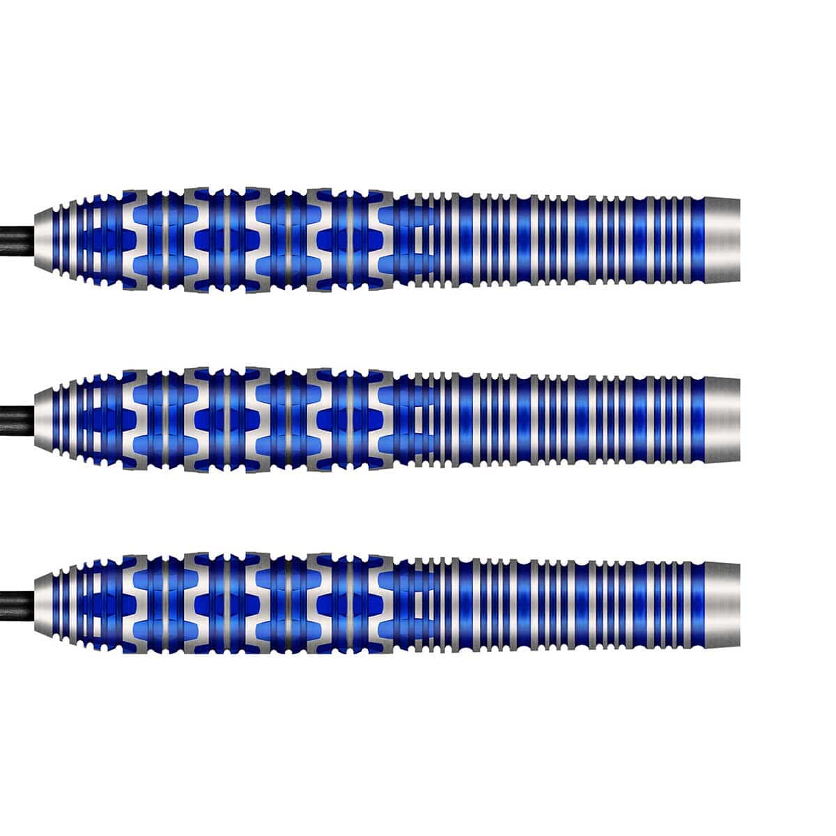 Three blue and silver darts on a white background