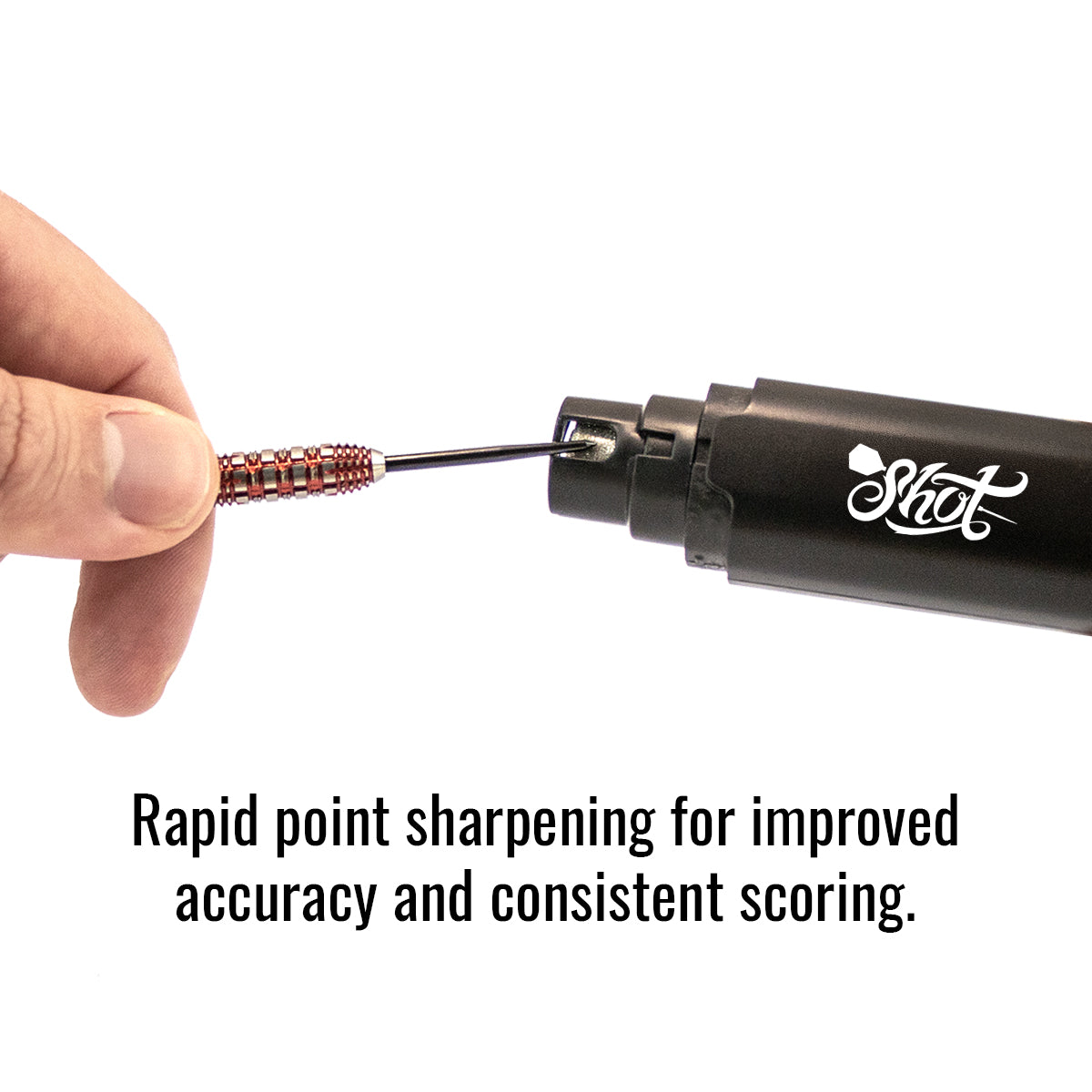 Hand holding a black pen-like device with 'Shot' branding, used for rapid point sharpening.