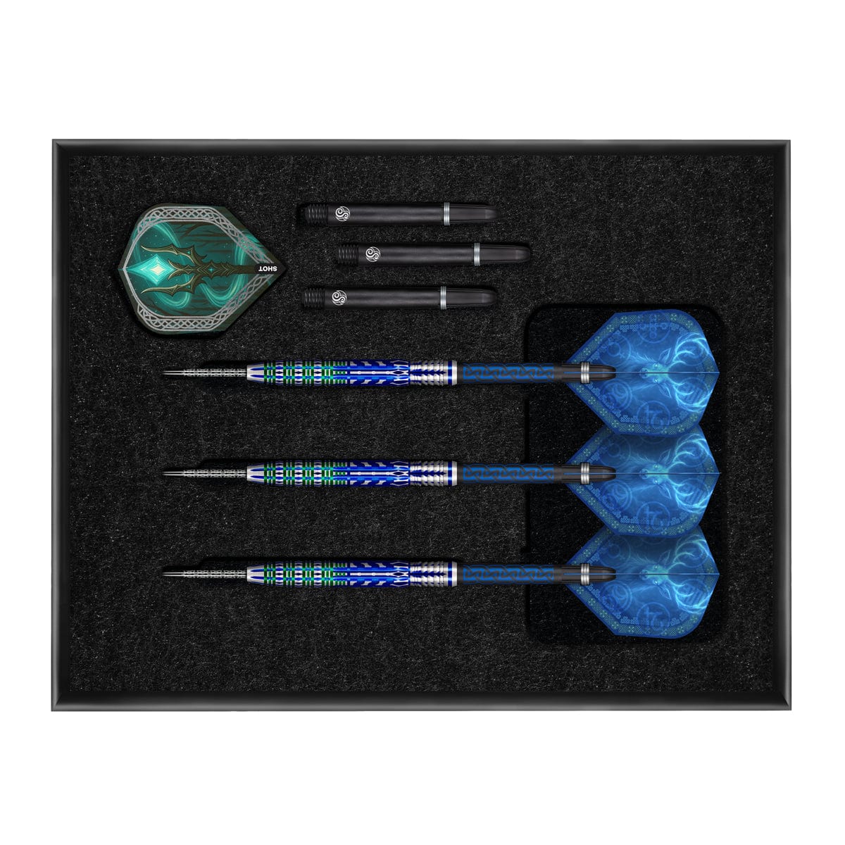 Set of darts with blue and silver design in a black case