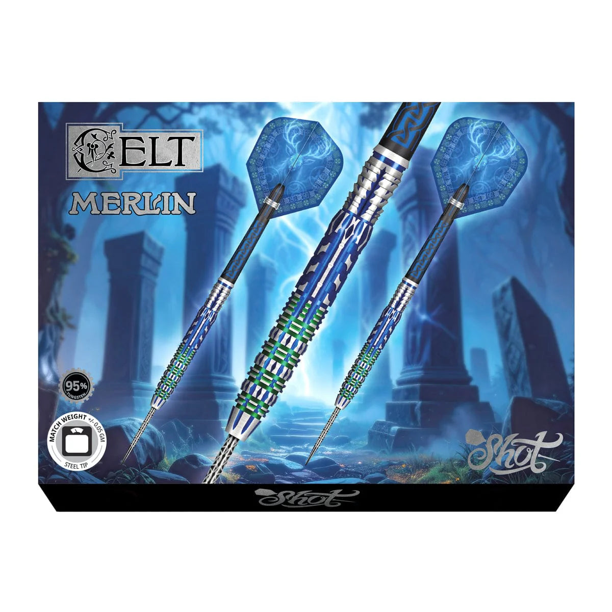 Shot ELT Merlin darts packaging with blue-themed design