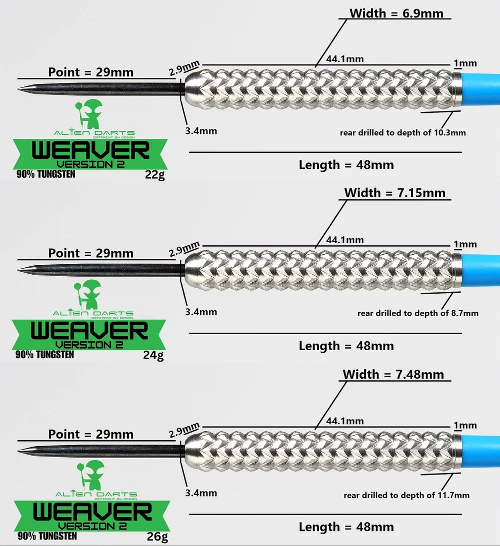 Alien Darts - Weaver V2 Silver - 90% Tungsten Darts - 22g / 24g / 26g