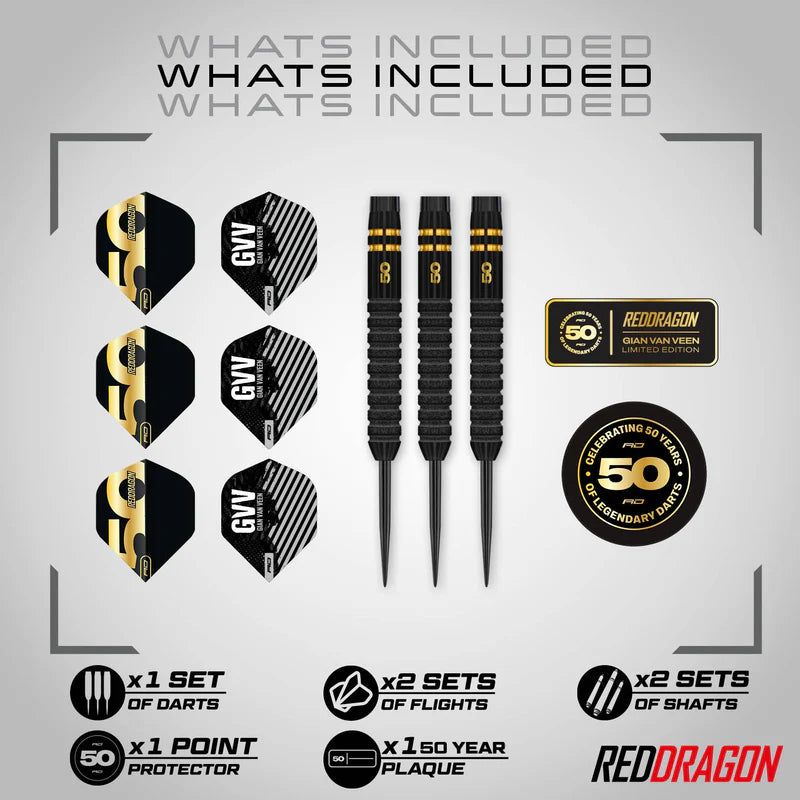 Red Dragon - 21g Gian Van Veen GVV - 50th Anniversary Collectable Box - 90% Tungsten Darts