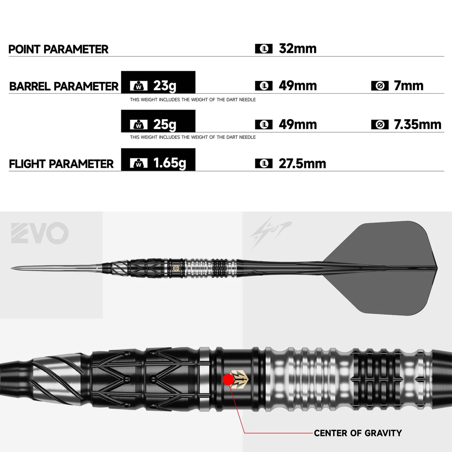 Caliburn - Obsidian Barry Wong Steel Tip Darts - 90% Tungsten Darts - 23g / 25g