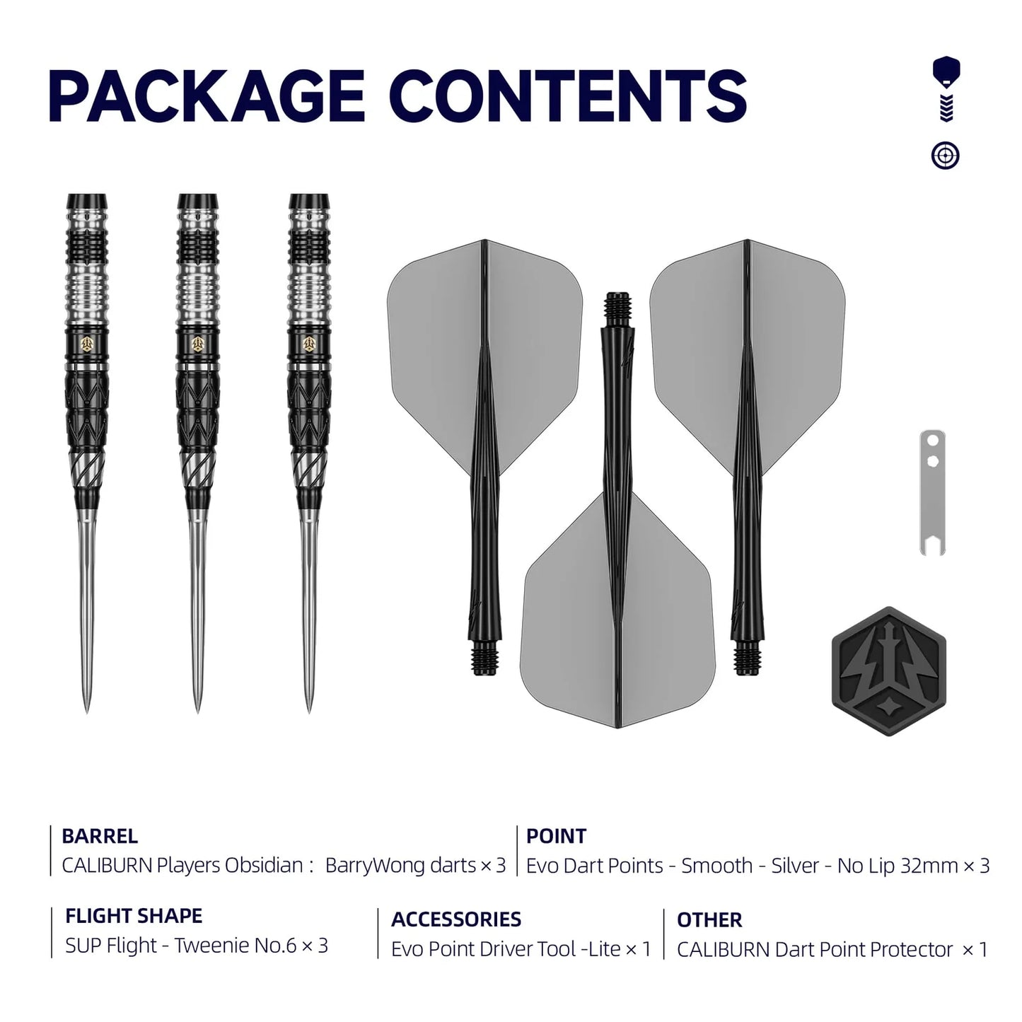 Caliburn - Obsidian Barry Wong Steel Tip Darts - 90% Tungsten Darts - 23g / 25g