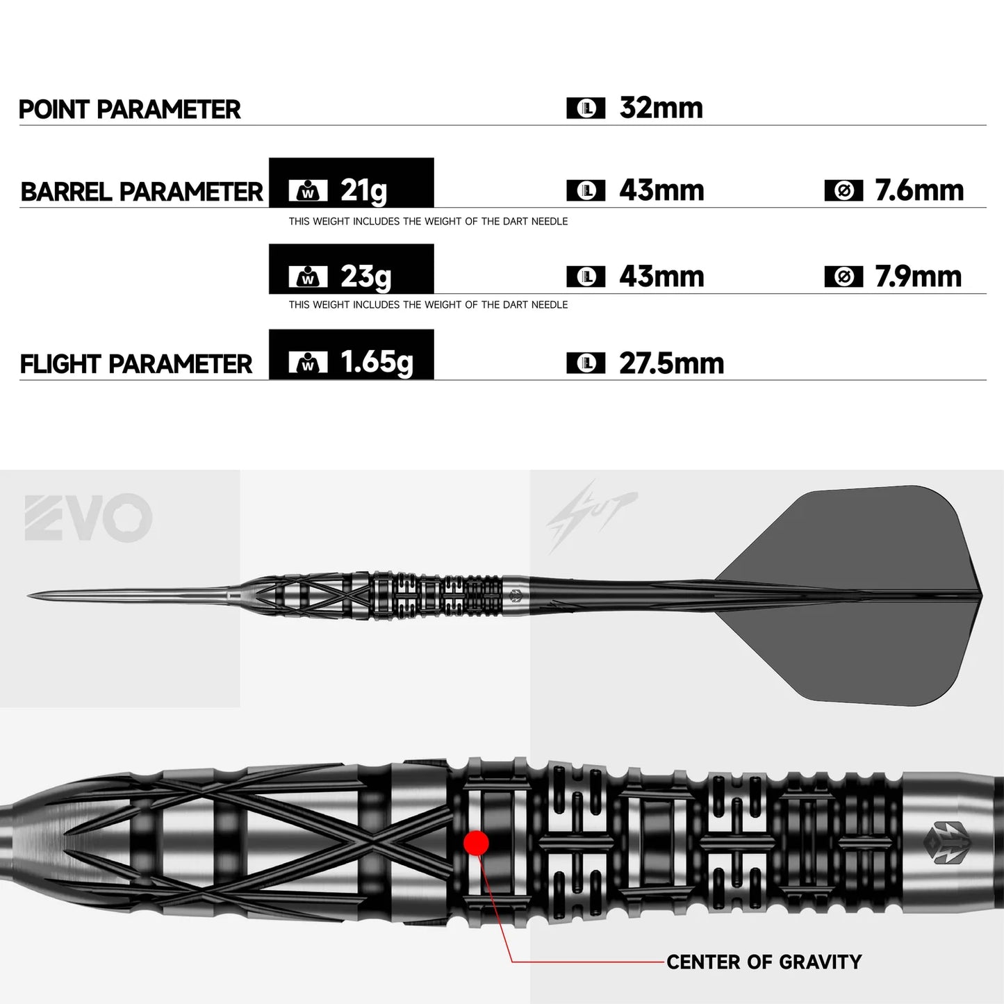 Caliburn - Obsidian Naikun Steel Tip Darts - 90% Tungsten Darts - 21g / 23g