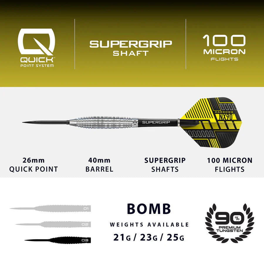 Harrows - NX90 Bomb Profile QP Quick Point - 90% Tungsten Darts - 21g / 23g / 25g