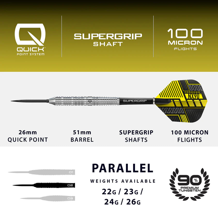 Harrows - NX90 Parallel QP Quick Point- 90% Tungsten Darts - 22g / 23g / 24g / 26g