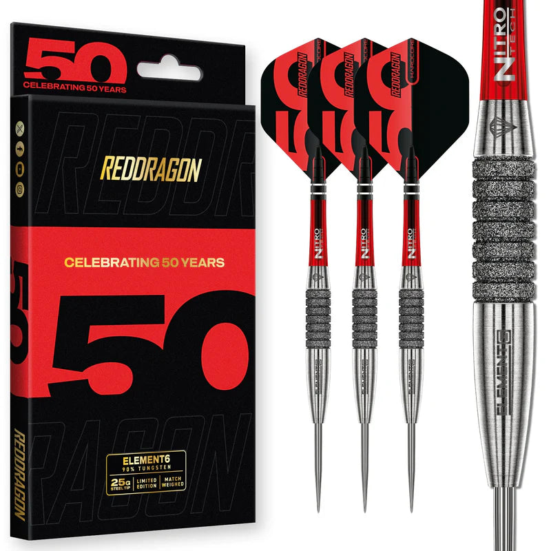 Red Dragon - 50th Anniversary - Element6 C Darts - 90% Tungsten Darts - 25g