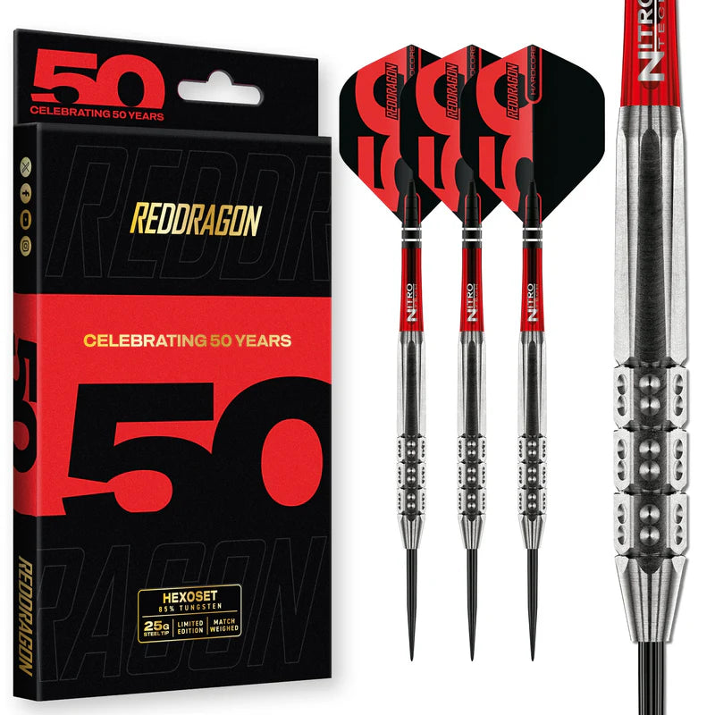 Red Dragon - 50th Anniversary - Hexoset 3 Darts - 85% Tungsten Darts - 25g