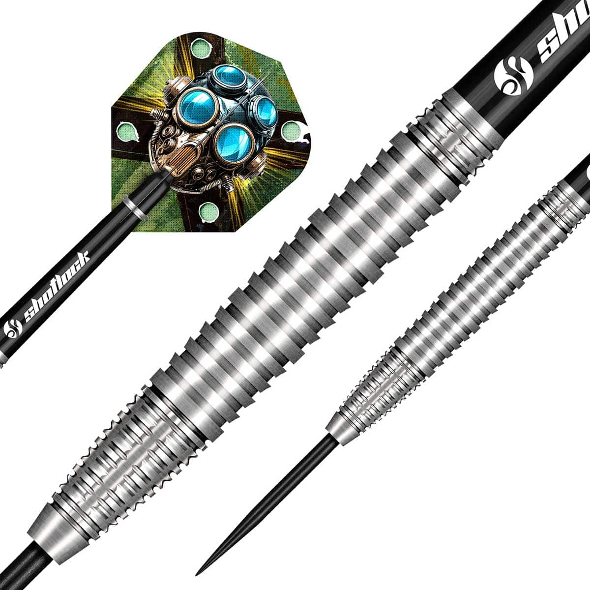Dart with a silver shaft and black handle, featuring a close-up of the dart's tip and flight on a white background.