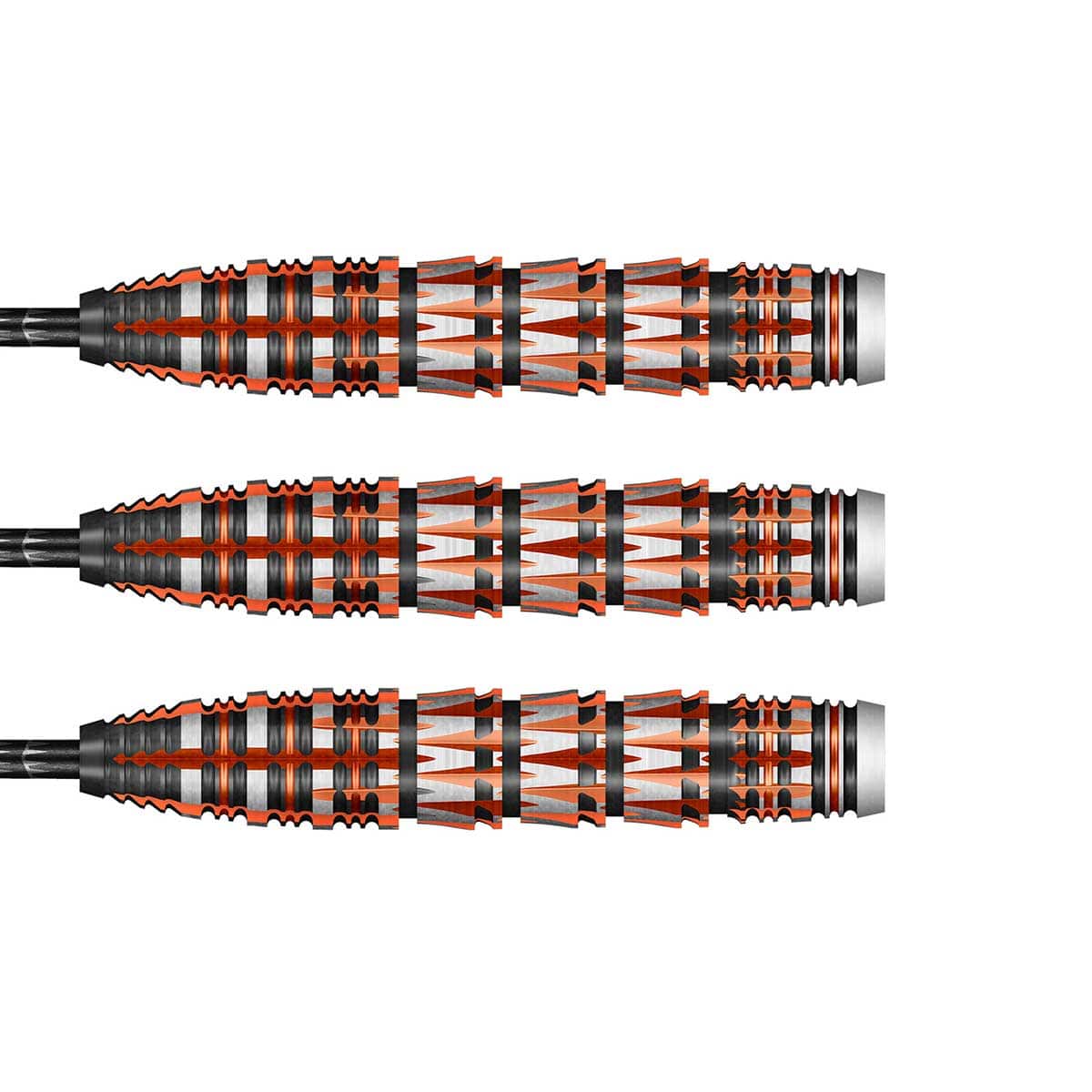 Three darts with a black, orange, and silver design on a white background