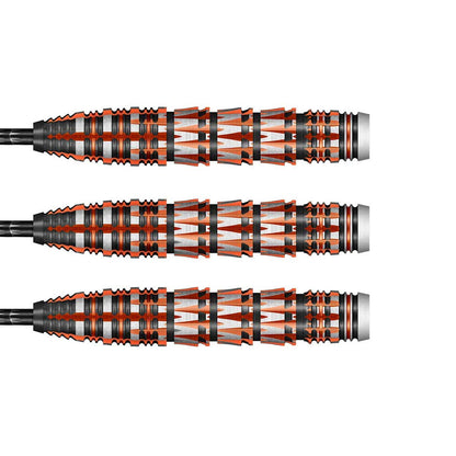 Three darts with a black, orange, and silver design on a white background