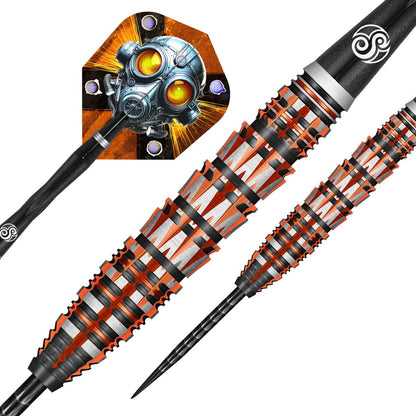 Decorative darts with a gas mask design on the dart flight against a white background