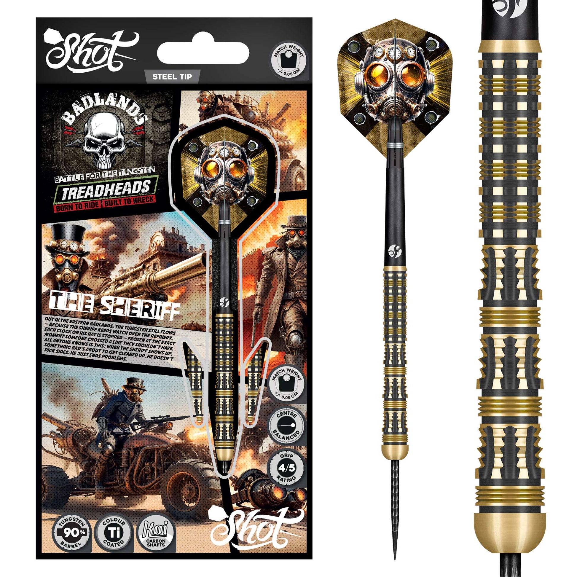 Decorative darts with 'Badlands' and 'Treadheads' branding, including packaging.