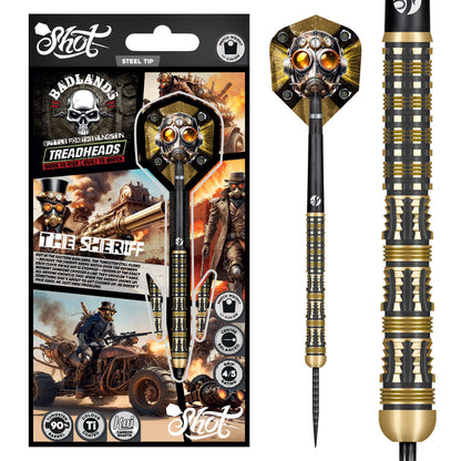 Decorative darts with 'Badlands' and 'Treadheads' branding, including packaging.