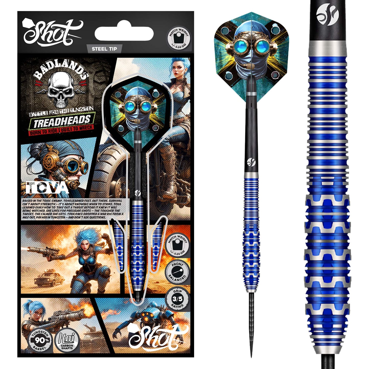 Two blue darts with intricate designs next to their packaging featuring 'Shot' branding.