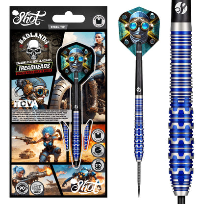 Two blue darts with intricate designs next to their packaging featuring 'Shot' branding.