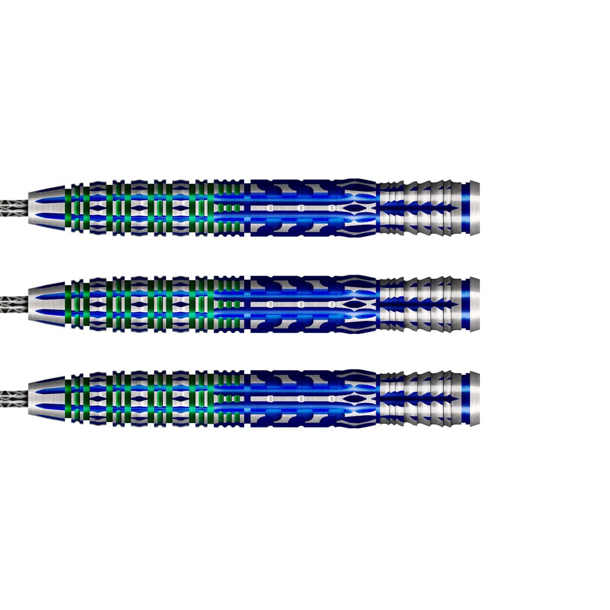 Three blue and silver darts on a white background