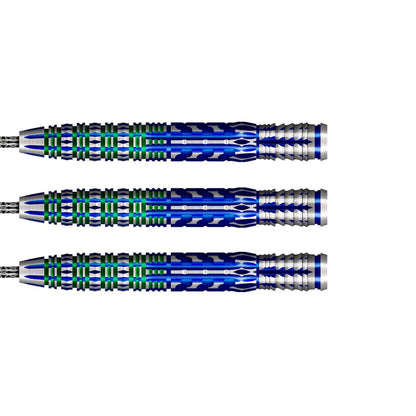 Three blue and silver darts on a white background
