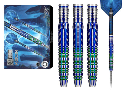 Blue and silver darts with packaging on a white background