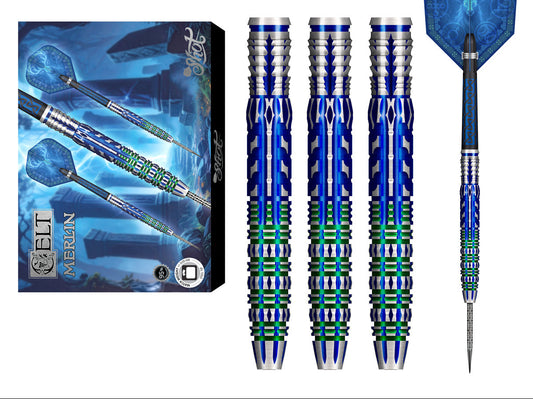 Blue and silver darts with packaging on a white background