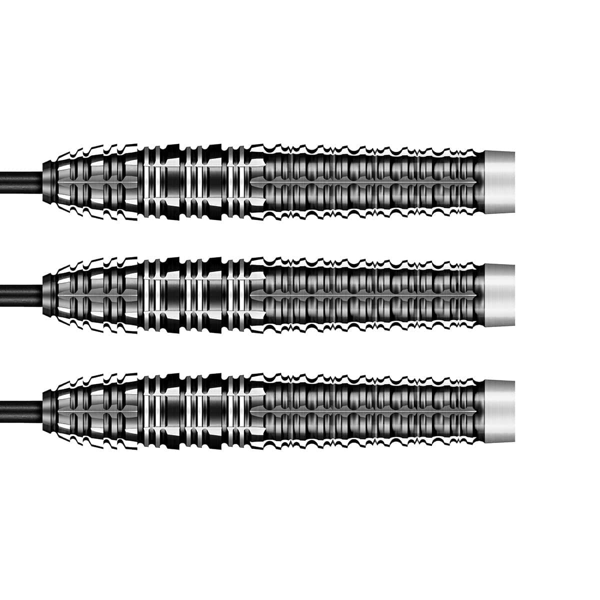 Three metallic darts with textured shafts on a white background