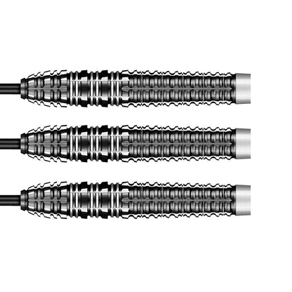 Three metallic darts with textured shafts on a white background