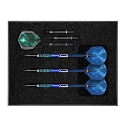 Set of darts with blue and silver design in a black case