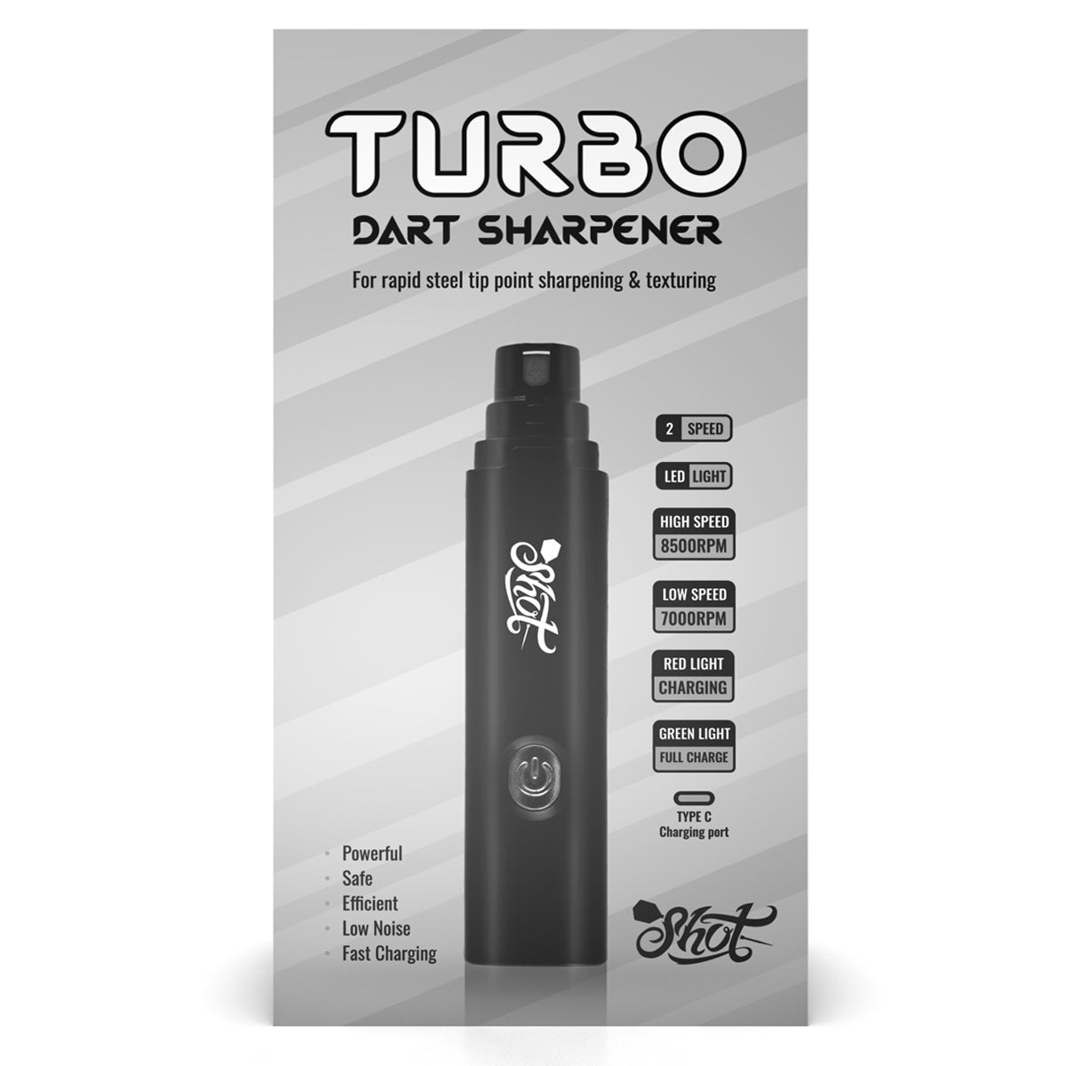 Turbo dart sharpener packaging with product and branding details on a gray background