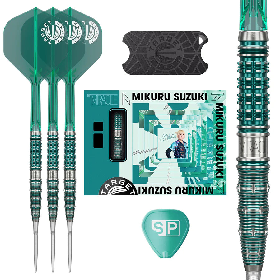 Set of green darts with branding and packaging on a white background